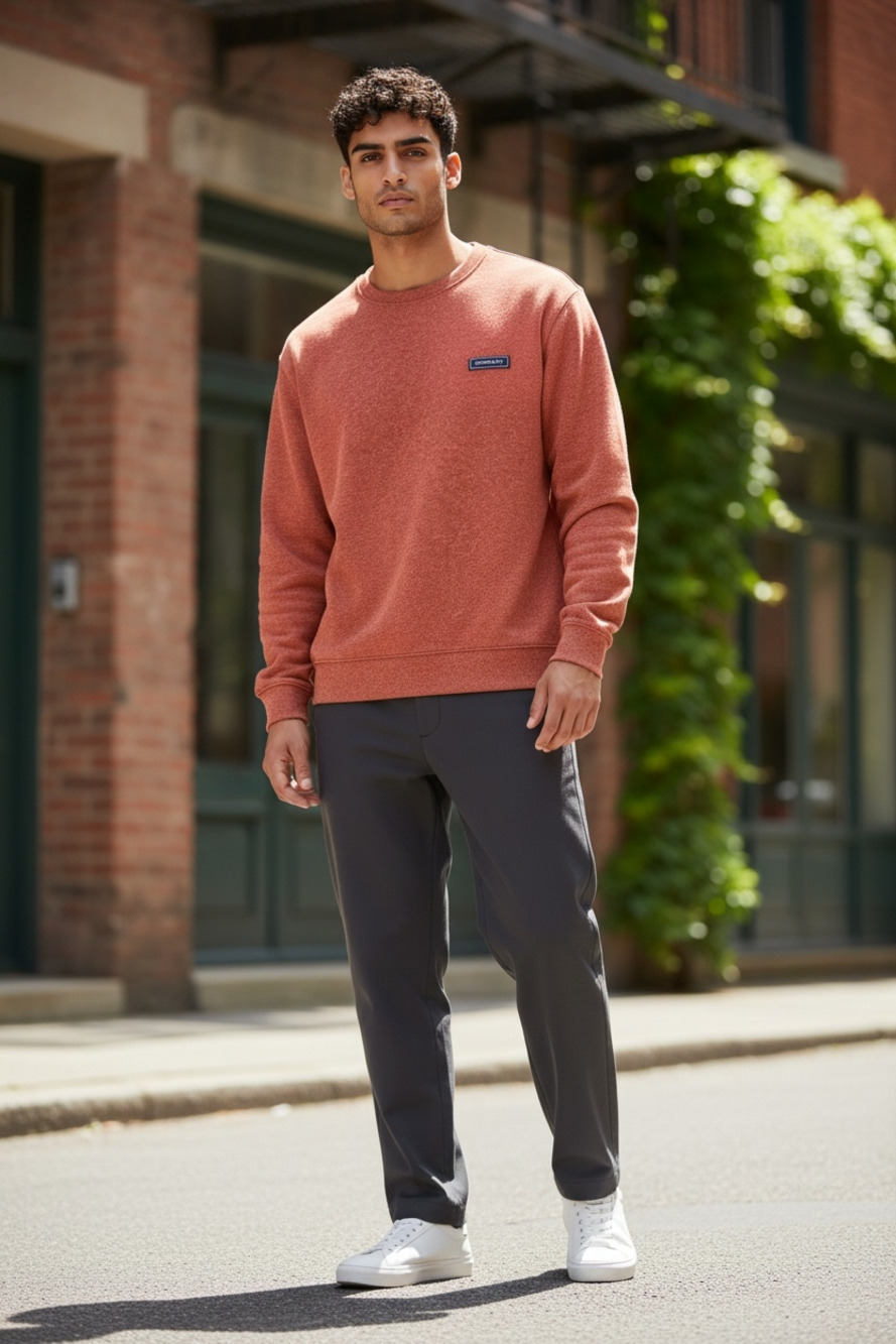 Crown & Ivy Mens Red Heathered Crewneck Sweatshirt with Logo Patch